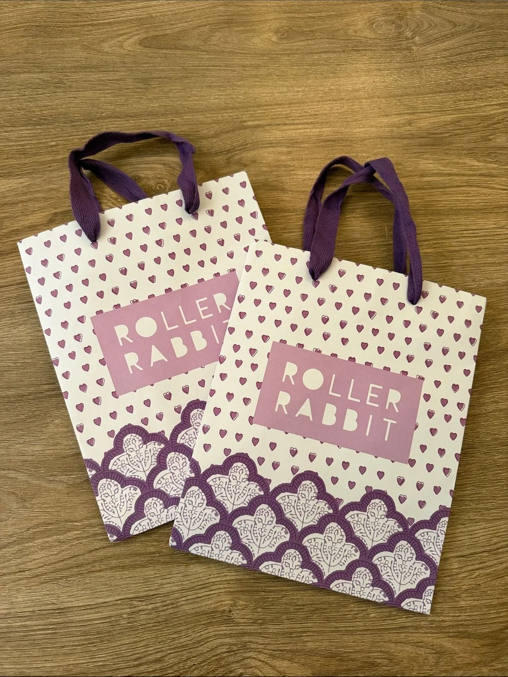 Roller Rabbit Purple Heart Pattern Gift Bags with Ribbon Handles
